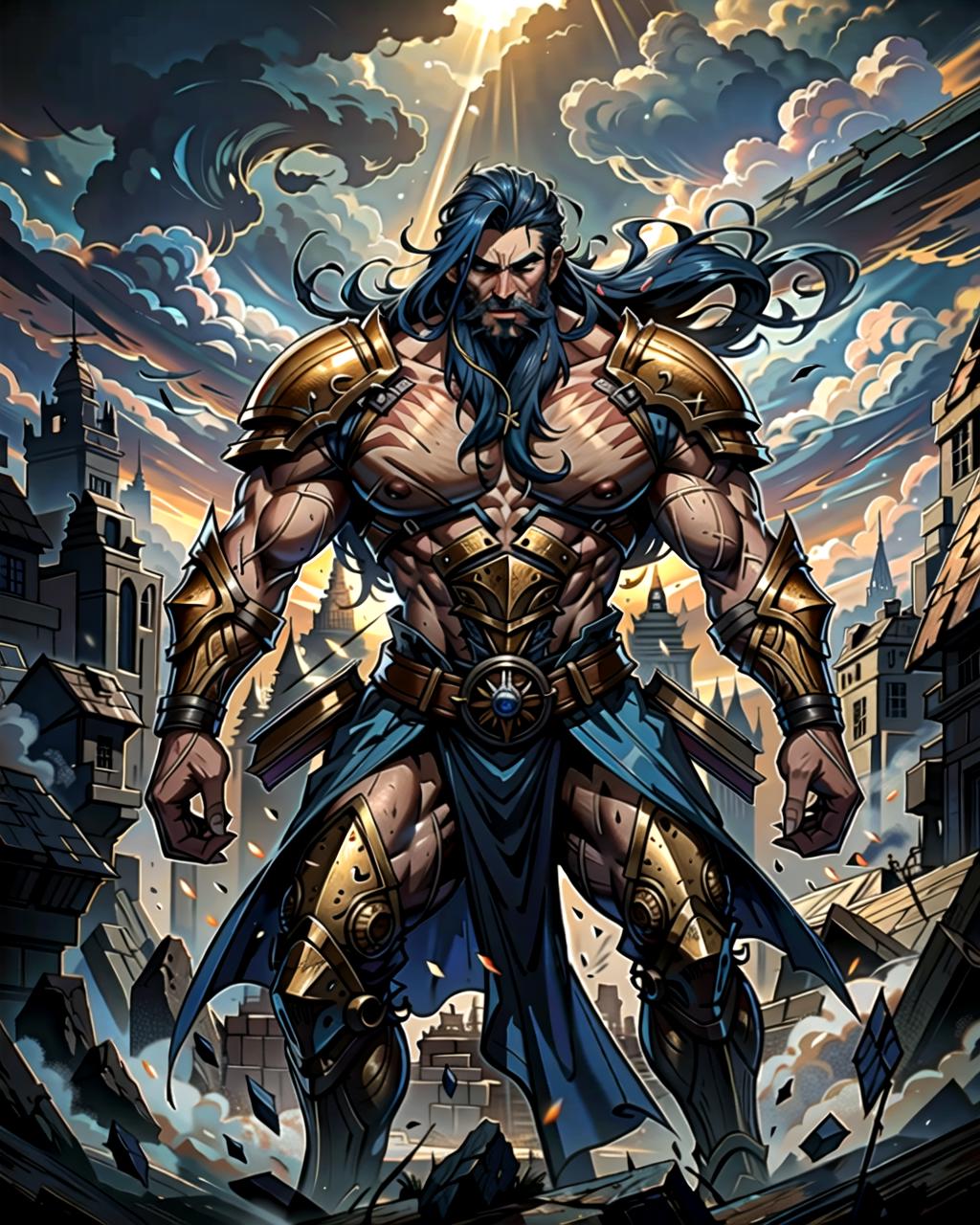 A man with a beard and a sword standing in front of a city - SeaArt AI