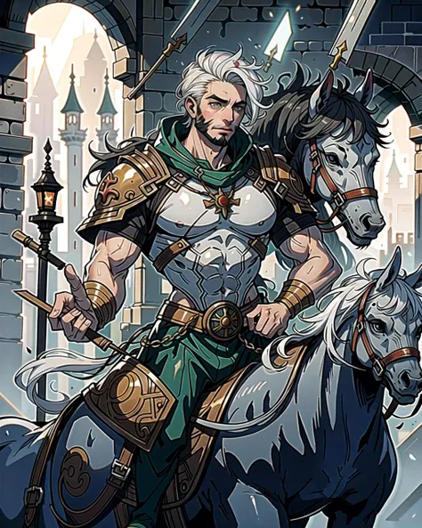 ((masterpiece), best quality, high quality, professional quality, highly detailed, highres, perfect lighting, natural lighting), (1boy, muscular, handsome, facial hair, short hair, white hair), wearing fantasy clothing, riding a horse, in a castle