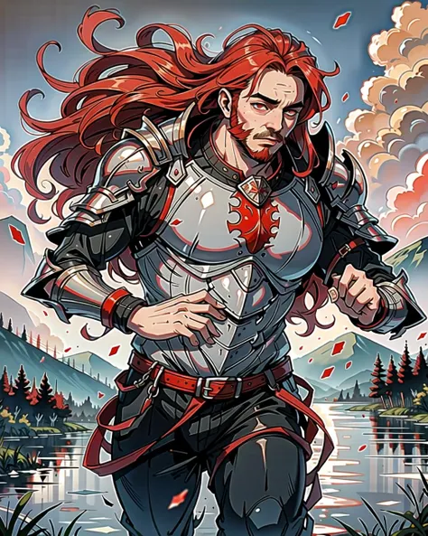 ((masterpiece), best quality, high quality, professional quality, highly detailed, highres, perfect lighting, natural lighting), (1boy, overweight, handsome, no facial hair, long hair, red hair), wearing armor, running, by a lake