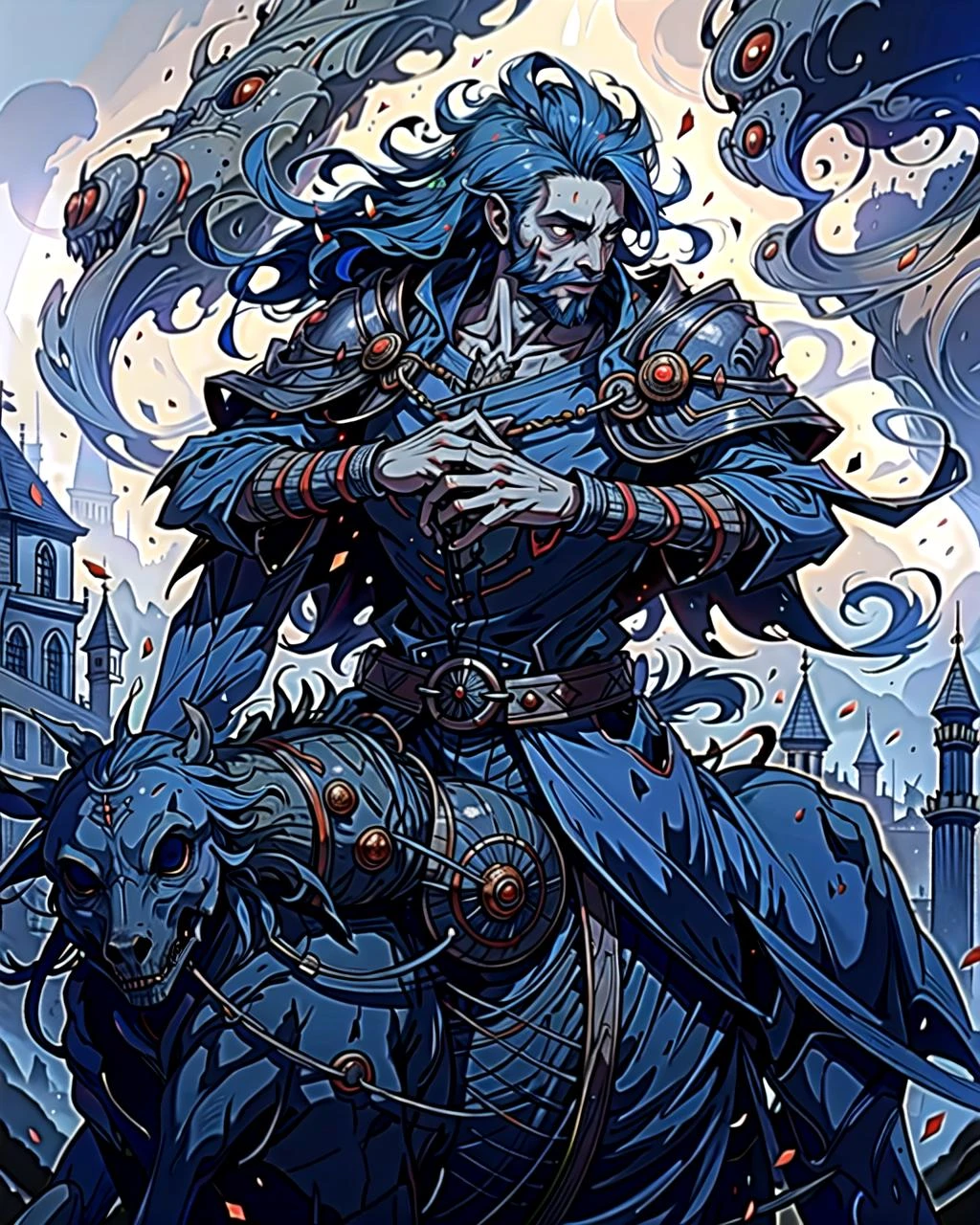 ((masterpiece), best quality, high quality, professional quality, highly detailed, highres, perfect lighting, natural lighting), (1boy, slender, handsome, facial hair, medium length hair, blue hair), wearing wizard robes, riding a horse, in a castle