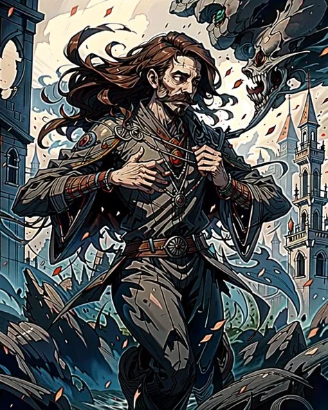 ((masterpiece), best quality, high quality, professional quality, highly detailed, highres, perfect lighting, natural lighting), (1boy, slender, handsome, mustache, medium length hair, brown hair), wearing wizard robes, running, in a castle