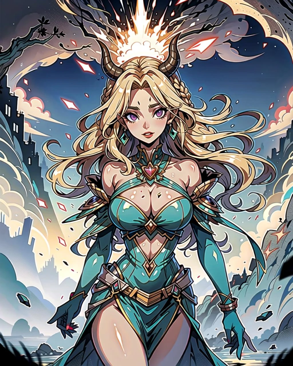((masterpiece), best quality, high quality, professional quality, highly detailed, highres, perfect lighting, natural lighting), Enchanter, Knight, Short, Ripped, Diamond-Shaped Face, Fair Skin, Golden Blonde Hair, purple Eyes, Straight Nose, Thick Lips, Prominent Chin, Stubble, Shoulder-length, Dreadlocks, A desert oasis, with shimmering pools of crystal-clear water and palm trees swaying in the breeze,A fusion of organic and inorganic elements, blurring the boundaries between nature and art, Emerald, Mirror-like luster that reflects its surroundings with exceptional clarity, A crystalized formation with a iridescent shimmer, changing colors as the light strikes from different angles, In a blinding flash, the explosion engulfs everything in its path, leaving destruction in its wake, Covered, Tall, Thin, Heart-Shaped Face, Tan Skin, Strawberry Blonde Hair, Gray Eyes, Straight Nose, Thin Lips, Receding Chin, Shoulder-Length Hair, Wavy Hair, Straight Updo, asymmetrical breasts, Threader earrings, gloss stain lipstick,colossal, innovative time-travel device, A rocky, mountainous planet with deep canyons and massive cave systems, inhabited by bioluminescent creatures., Desert Planet, vampire, basilisk, minotaur