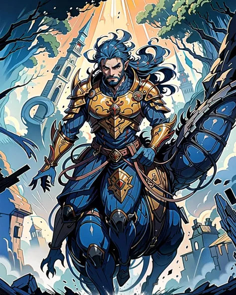 ((masterpiece), best quality, high quality, professional quality, highly detailed, highres, perfect lighting, natural lighting), (1boy, overweight, handsome, no facial hair, medium length hair, blue hair), wearing armor, riding a dragon, in a fantasy town