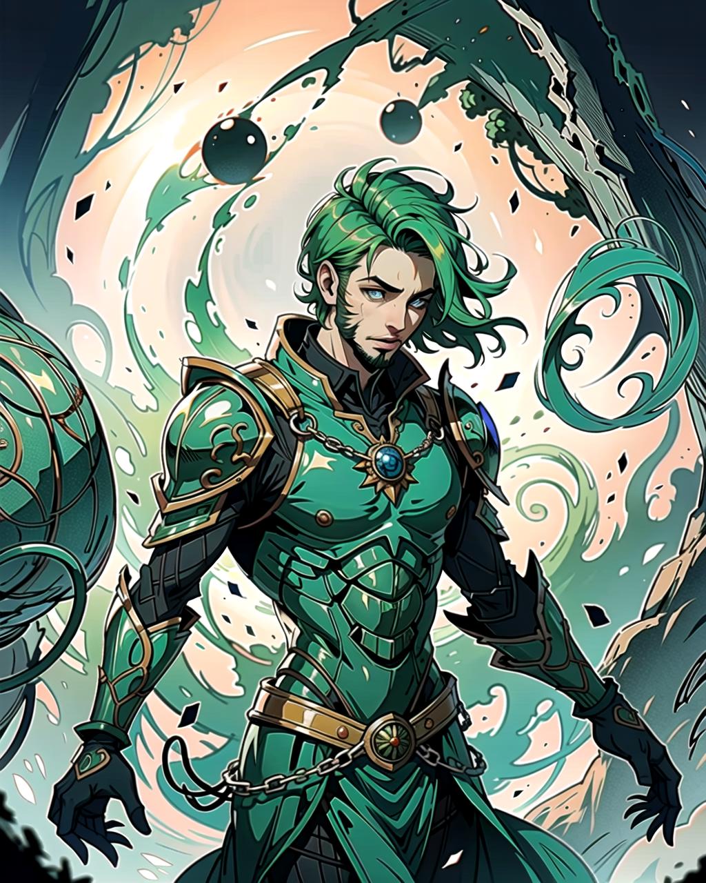 A close up of a person with green hair and a sword - SeaArt AI