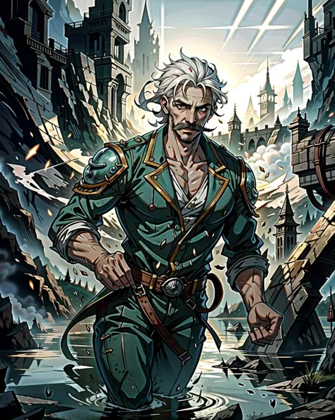 ((masterpiece), best quality, high quality, professional quality, highly detailed, highres, perfect lighting, natural lighting), (1boy, slender, handsome, mustache, short hair, white hair), wearing fantasy clothing, running, by a lake