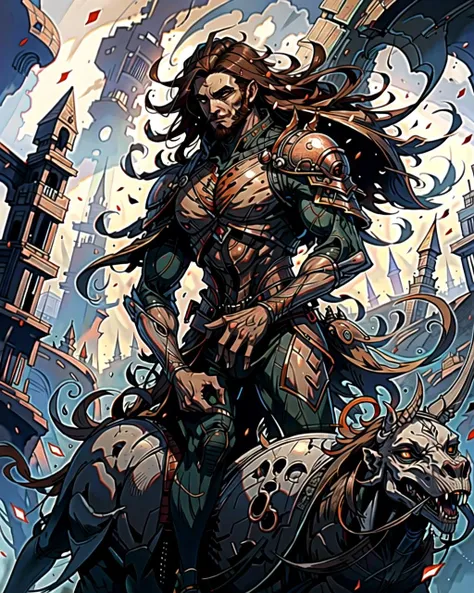 ((masterpiece), best quality, high quality, professional quality, highly detailed, highres, perfect lighting, natural lighting), (1boy, muscular, handsome, long beard, medium length hair, brown hair), wearing armor, riding a horse, in a fantasy town