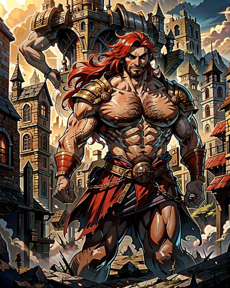 ((masterpiece), best quality, high quality, professional quality, highly detailed, highres, perfect lighting, natural lighting), (1boy, muscular, handsome, facial hair, long hair, red hair), wearing fantasy clothing, fighting, in a fantasy town