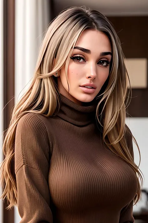photo of (lynaritaa:0.99), a woman, RAW, close portrait photo, long brown coat, ((turtleneck sweater:1.2)), trousers, long haircut, slim body, (high detailed skin:1.2), 8k uhd, dslr, soft lighting, high quality, film grain, Fujifilm XT3 sharp focus, f 5.6