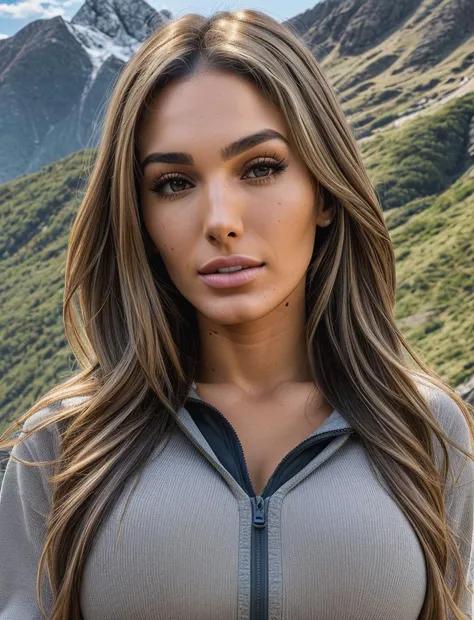beautiful woman (lynaritaa:.99), beautiful hair, mountains, smile, natural skin texture, ((hiking outfit)), 24mm, 4k textures, soft cinematic light, adobe lightroom, photolab, hdr, intricate, elegant, highly detailed, sharp focus, ((((cinematic look)))), soothing tones, insane details, intricate details, hyperdetailed, low contrast, soft cinematic light, exposure blend, hdr, faded