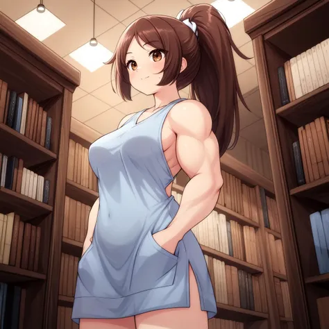 (masterpiece,NES style, best quality:1.11),akiraga,1girl,solo,(muscular:1.1),medium breasts,in a bookstore,(standing with hands in her pockets),brown hair,ponytail,(pretty beautiful drunk face),(detailed symmetrical brown eyes:0.9),backless dress,(from below:1.1),absurdres,<lora:akiraGA0.9.32tx1-000003:0.58>