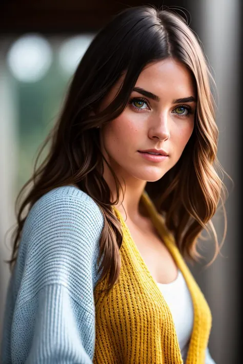 photo of (LivaHendriks:0.99) Wearing a blue sweater with a yellow cardigan, detailed face, realistic skin, high quality, (detailed pupils:1.1), Leica 50mm, f1. 4, natural light, grainy, (high detailed skin:1.2), high detail, intricate, 8k, highly detailed, volumetric lighting, digital painting, intense, sharp focus, art by artgerm and rutkowski and alphonse mucha, cgsociety