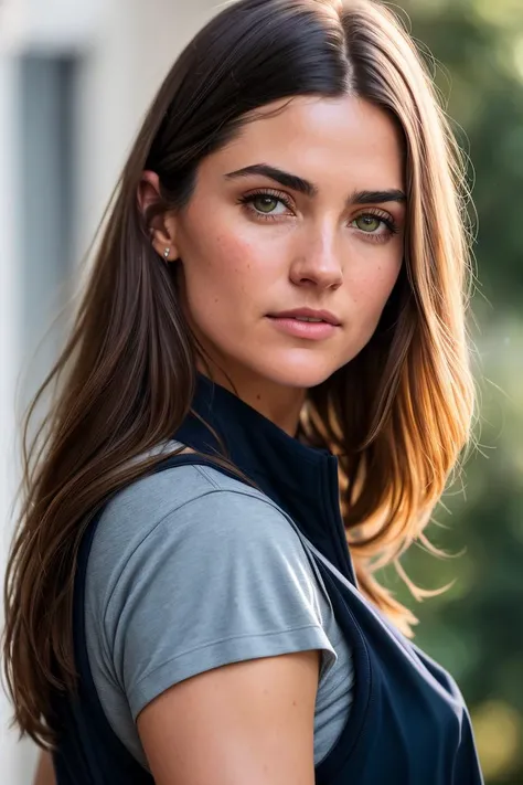 photo of (LivaHendriks:0.99) with long straight hair, wearing a navy blue tactical vest over a white t-shirt, with a grey military-style shoulder pads, (extremely detailed CG unity 8k wallpaper), photo of the most beautiful artwork in the world, professional majestic oil painting by Ed Blinkey, Atey Ghailan, Studio Ghibli, by Jeremy Mann, Greg Manchess, Antonio Moro, trending on ArtStation, trending on CGSociety, Intricate, High Detail, Sharp focus, dramatic, photorealistic painting art by midjourney and greg rutkowski, (detailed pupils:1.3)