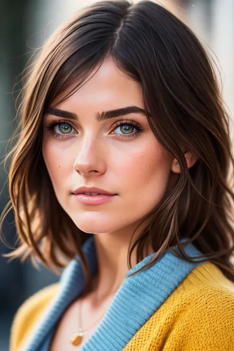 photo of (LivaHendriks:0.99) Wearing a blue sweater with a yellow cardigan, detailed face, realistic skin, high quality, (detailed pupils:1.1), Leica 50mm, f1. 4, natural light, grainy, (high detailed skin:1.2), high detail, intricate, 8k, highly detailed, volumetric lighting, digital painting, intense, sharp focus, art by artgerm and rutkowski and alphonse mucha, cgsociety
