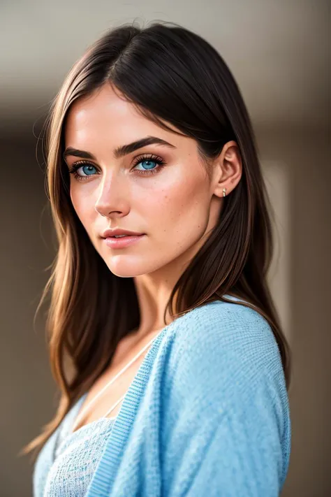 photo of (LivaHendriks:0.99) Wearing a blue sweater with a yellow cardigan, detailed face, realistic skin, high quality, (detailed pupils:1.1), Leica 50mm, f1. 4, natural light, grainy, (high detailed skin:1.2), high detail, intricate, 8k, highly detailed, volumetric lighting, digital painting, intense, sharp focus, art by artgerm and rutkowski and alphonse mucha, cgsociety