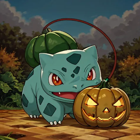 masterpiece, high quality, Bulbasaur, fangs pumpkin back, pumkin patch <lora:bulbasaur:0.6>. attack. razor leaf, dynamic effects, vine whip