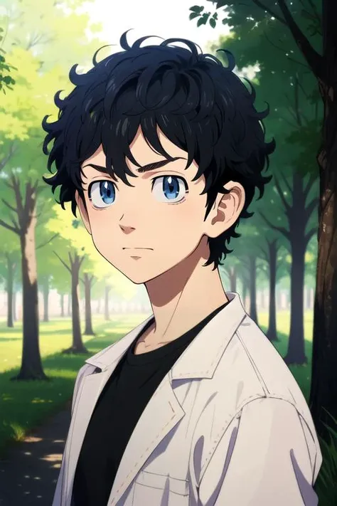 (best quality:1.1), (masterpiece:1.4), wallpaper, , upper body, depth of field, ligne claire, , 1boy, solo, male focus, <lora:takemichi_hanagaki:0.9>, takemichi_hanagaki, black hair, blue eyes, short hair, messy hair, , gangster costume, The Enchanted Forest,
