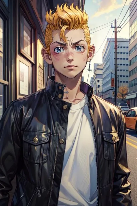 (best quality:1.1), (masterpiece:1.4), wallpaper, , , , , realistic, 1boy, solo, male focus, <lora:takemichi_hanagaki:0.84>, takemichi_hanagaki, black hair, grey eyes, faux hawk, gakuran, jacket, halloween costume, ,