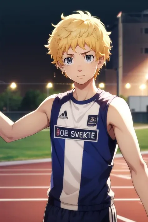 photorealistic, (4k), depth of field, (Masterpiece), (realistic skin texture), extremely detailed, intricate, hyper detailed, high resolution, professional photography, bokeh, depth of field, sharp detail, best quality, , 1boy, solo, male focus, <lora:takemichi_hanagaki:0.92>, takemichi_hanagaki, blonde hair, grey eyes, short hair, messy hair, , , running track, 8k resolution