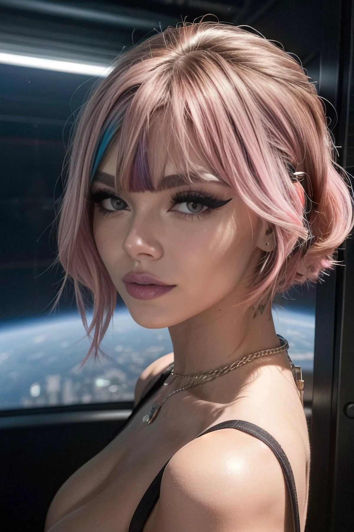 Aesthetic: ((sci-fi, futuristic, technology, space, aliens, imagination):1.4)
BREAK
Composition: <lora:ModernGoth_Beta3:0.75> (((mgoth))), (goth, makeup, dark makeup, dark eyeshadow, eyeliner, pale skin, eyelashes), 1girl, perfect face, perfect eyes, looking at viewer, (jewelry, piercings, necklaces, dark, gothic) BREAK (split haircolor, split-color hair, multicolored hair, red hair ) BREAK naked, nude, nsfw BREAK (standing, big breasts ) BREAK short hair, bangs , ((dark hair))
BREAK
Lighting: Bright Daylight, Sunny, Cheerful
BREAK
Quality: intricate, highly detailed, sharp focus, realistic, 8k
BREAK
Appearance: (25 years old), (caucasian girl, american girl), ((pink hair))
BREAK
good quality:0.994