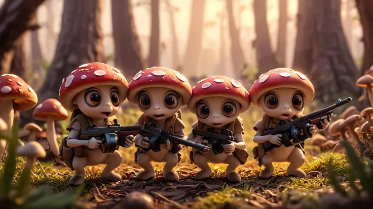 cartoon, cinematic scene, group of cute mushrooms with big eyes and small arms holding tmmygn submachine guns, sunrise, warm light,
<lora:Thompson_Submachine_Gun_-_1928_SDXL:0.8> <lora:Cute_3D_Cartoon:0.8>