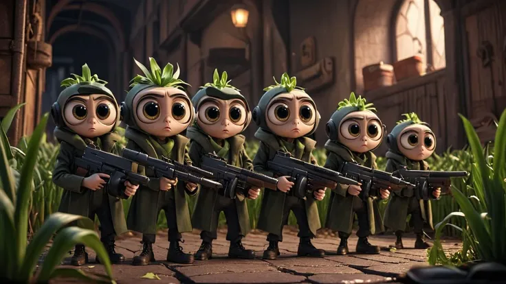 cartoon, cinematic scene, group of tall leek with big eyes and small arms holding tmmygn submachine guns, serious expressions, dark and gritty,
<lora:Thompson_Submachine_Gun_-_1928_SDXL:0.8> <lora:Cute_3D_Cartoon:0.8>
