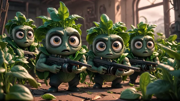 cartoon, cinematic movie scene, group of tall spinach plants with big eyes and strong arms holding tmmygn submachine guns, serious expressions, dark and gritty,
 <lora:Thompson_Submachine_Gun_-_1928_SDXL:0.8> <lora:Cute_3D_Cartoon:0.8>