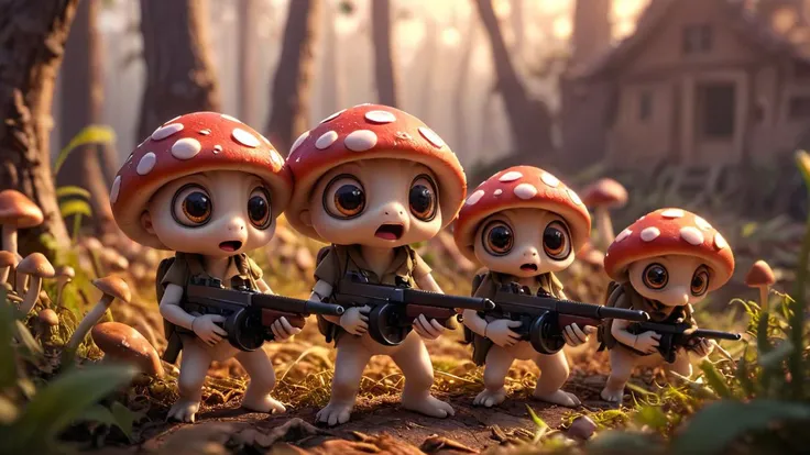 cartoon, cinematic scene, group of cute mushrooms with big eyes and small arms holding tmmygn submachine guns, sunrise, warm light,
<lora:Thompson_Submachine_Gun_-_1928_SDXL:0.8> <lora:Cute_3D_Cartoon:0.8>