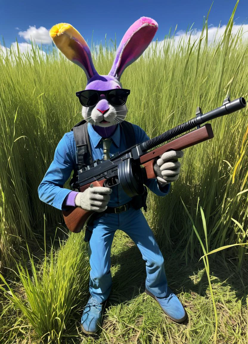 colorful easter eggs with long arms holding a tmmygn submachine gun, sunglasses, bright sun, outside, high grass,
<lora:Thompson_Submachine_Gun_-_1928_SDXL:0.8>