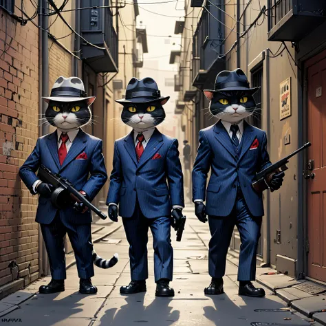 three cartoon cats wearing striped suits and fedoras in an alleyway with machine guns, tmmygn, cartoon, mafia, mobsters,