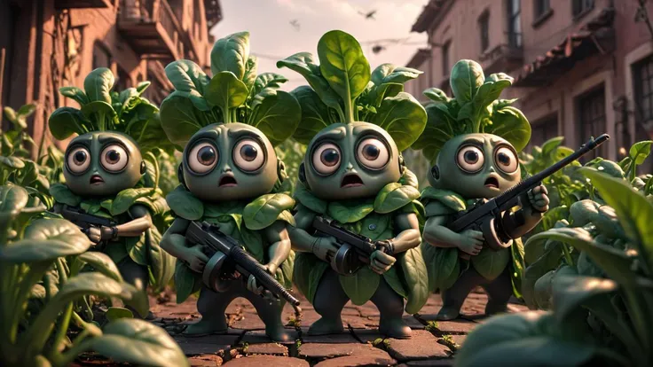 cartoon, cinematic scene, group of tall spinach plants with big eyes and strong arms holding tmmygn submachine guns, serious expressions, dark and gritty,
<lora:Thompson_Submachine_Gun_-_1928_SDXL:0.8> <lora:Cute_3D_Cartoon:0.8>