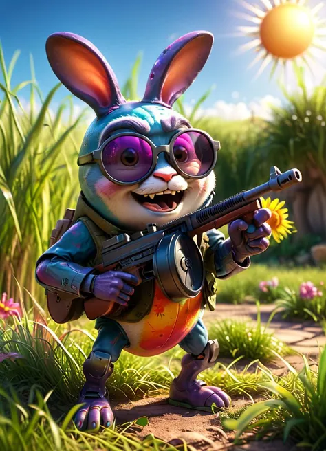 colorful cute easter egg with long arms holding a tmmygn submachine gun, sunglasses, bright sun, outside, high grass,
 <lora:Thompson_Submachine_Gun_-_1928_SDXL:0.8> <lora:Cute_3D_Cartoon:0.8>