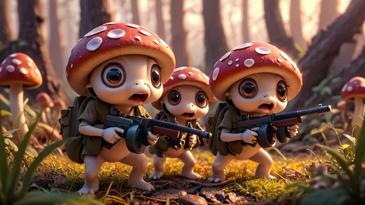 cartoon, cinematic scene, group of cute mushrooms with big eyes and small arms holding tmmygn submachine guns, sunrise, warm light,
<lora:Thompson_Submachine_Gun_-_1928_SDXL:0.8> <lora:Cute_3D_Cartoon:0.8>