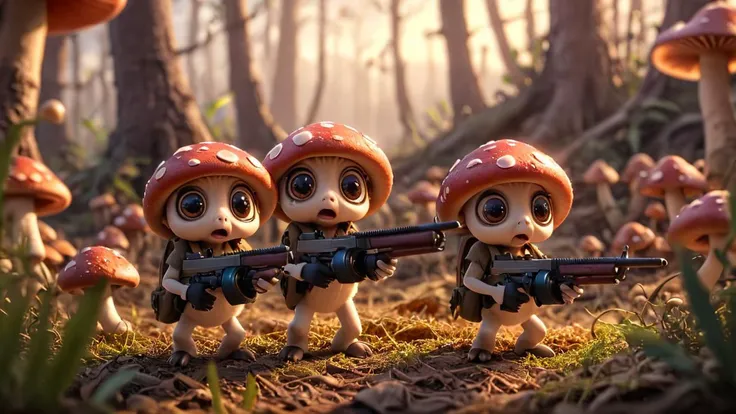 cartoon, cinematic scene, group of cute mushrooms with big eyes and small arms holding tmmygn submachine guns, sunrise, warm light,
<lora:Thompson_Submachine_Gun_-_1928_SDXL:0.8> <lora:Cute_3D_Cartoon:0.8>