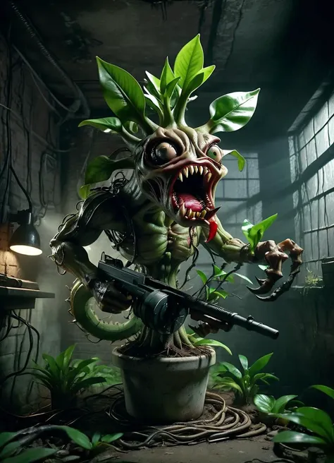 huge succplant with angry eyes and a long mouth with sharp teeth is holding a tmmygn submachine gun with it's strong roots, lurking in a dark basement, green leaves, roots, cinematic, horror theme, dark and gloomy, strong backlight from a window in the basement, 
 <lora:Thompson_Submachine_Gun_-_1928_SDXL:0.8><lora:succplant_adam-cosine-8x4-4x1:0.8>