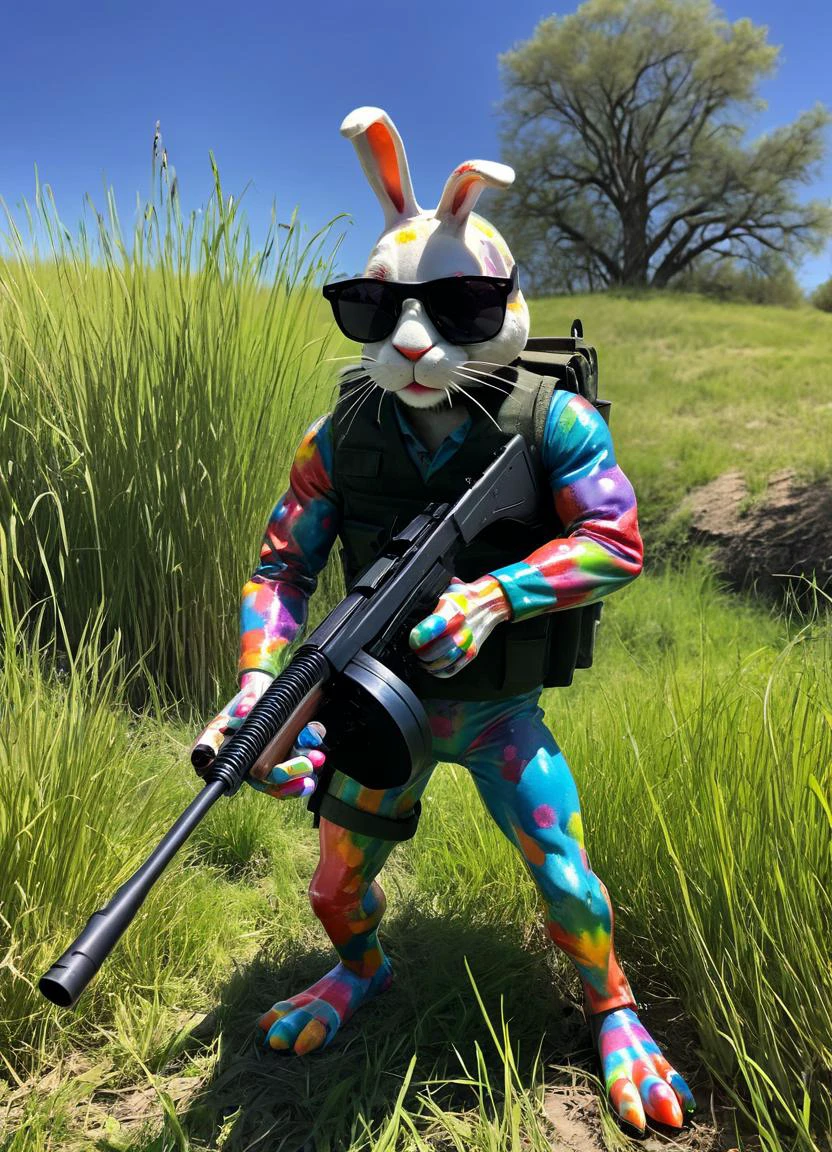 colorful easter eggs with long arms holding a tmmygn submachine gun, sunglasses, bright sun, outside, high grass,
<lora:Thompson_Submachine_Gun_-_1928_SDXL:0.8>