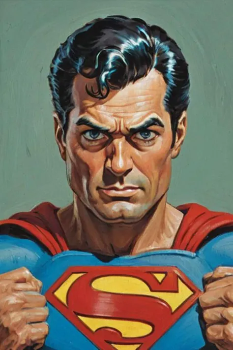 a solo portrait painting of Superman, upper body, exaggerated cartoon caricature, marsattacks style,
<lora:Mars_Attack_Style_XL_2>