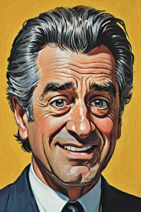 a solo portrait painting of Robert De Niro, shy, cartoon, caricature,  prefect face skin,  marsattacks style, <lora:Mars_Attack_Style_XL_2>