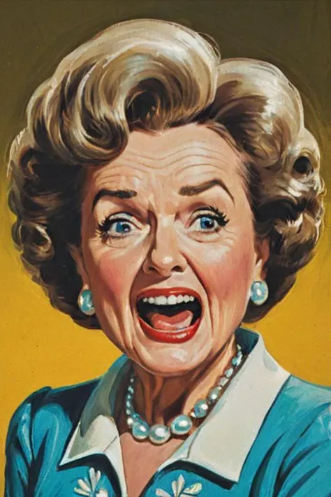 a solo portrait painting of Betty White, upper body, exaggerated cartoon caricature, marsattacks style, 
<lora:Mars_Attack_Style_XL_2>