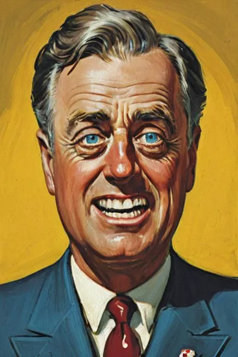 a solo portrait painting of Franklin D. Roosevelt , upper body, exaggerated cartoon caricature, marsattacks style,
<lora:Mars_Attack_Style_XL_2>