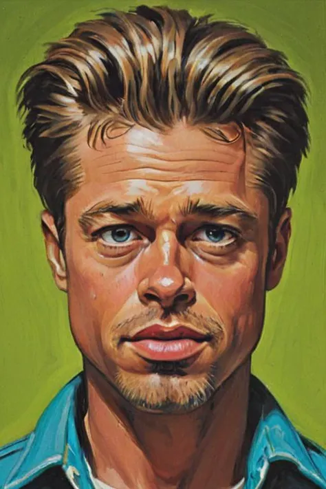 a solo portrait painting of young Brad Pitt, upper body, exaggerated cartoon caricature, marsattacks style,
<lora:Mars_Attack_Style_XL_2>