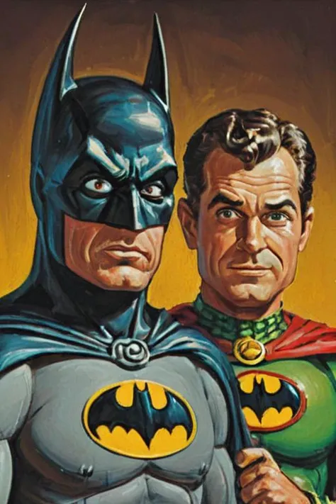 a solo portrait painting of Batman and Robin, upper body, exaggerated cartoon caricature, marsattacks style,
<lora:Mars_Attack_Style_XL_2>