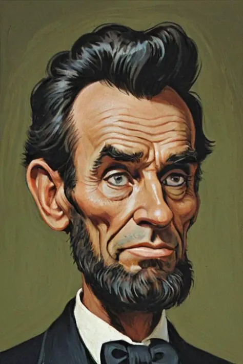 a solo portrait painting of Abraham Lincoln, upper body, exaggerated cartoon caricature, marsattacks style, <lora:Mars_Attack_Style_XL_2>