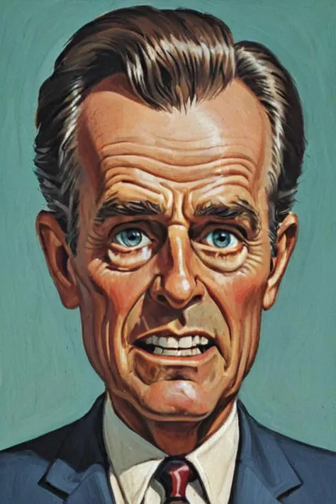 a solo portrait painting of Herbert Walker Bush, upper body, exaggerated cartoon caricature, marsattacks style,
<lora:Mars_Attack_Style_XL_2>