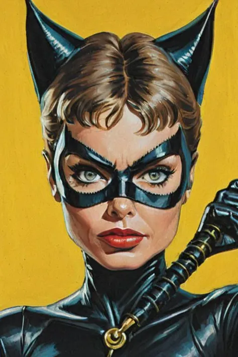 a solo portrait painting of Michelle Pfeiffer as CatWoman, upper body, exaggerated cartoon caricature, marsattacks style,
<lora:Mars_Attack_Style_XL_2>