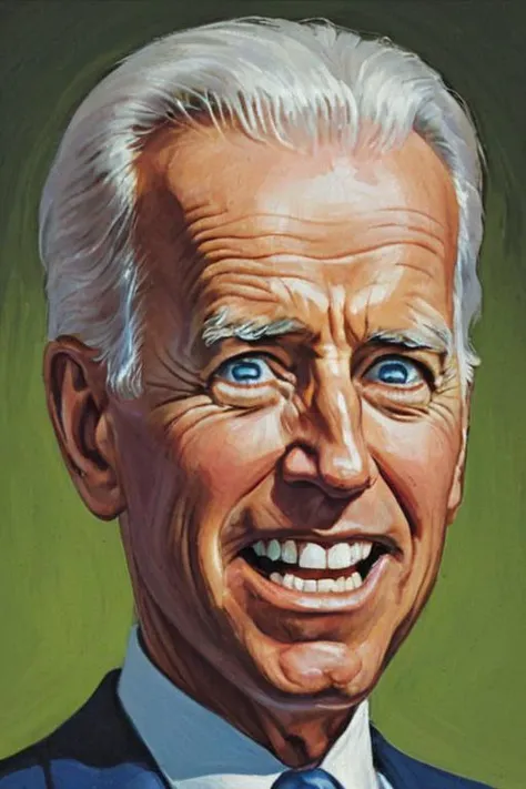a solo portrait painting of Joe Biden, upper body, exaggerated cartoon caricature, marsattacks style, <lora:Mars_Attack_Style_XL_2>
