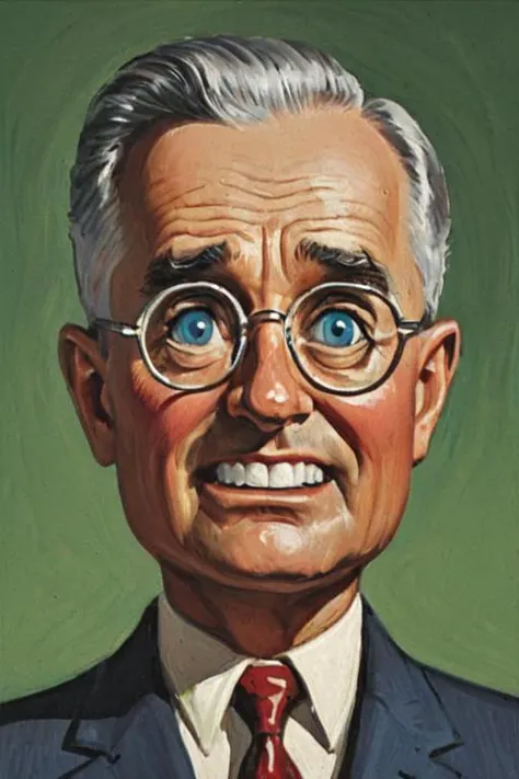 a solo portrait painting of Harry S. Truman , upper body, exaggerated cartoon caricature, marsattacks style,
<lora:Mars_Attack_Style_XL_2>