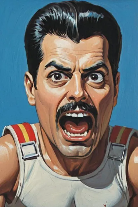 a solo portrait painting of Freddie Mercury, upper body, exaggerated cartoon caricature, marsattacks style,
<lora:Mars_Attack_Style_XL_2>