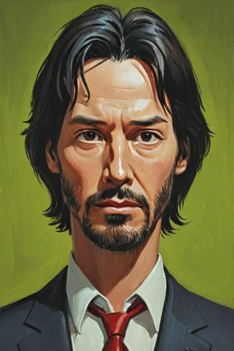 a solo portrait painting of Keanu Reeves, upper body, exaggerated cartoon caricature, marsattacks style,
<lora:Mars_Attack_Style_XL_2>