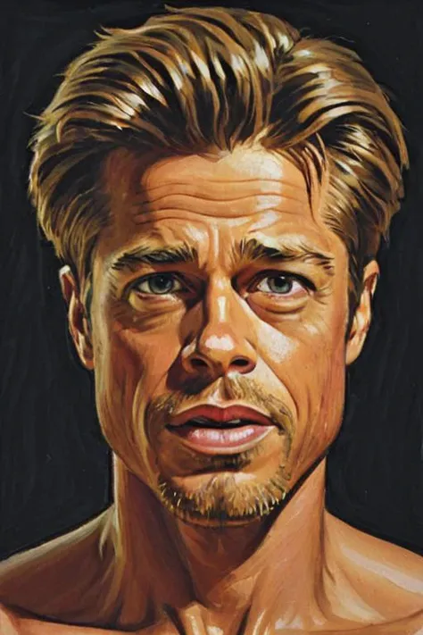 a solo portrait painting of Brad Pitt, upper body, exaggerated cartoon caricature, marsattacks style,
<lora:Mars_Attack_Style_XL_2>