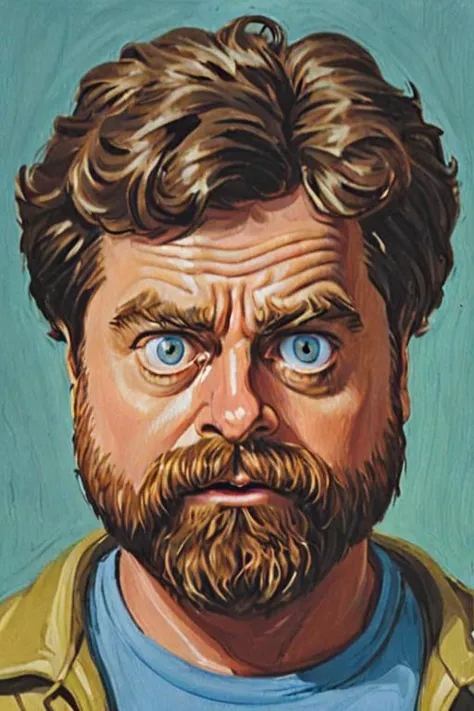 a solo portrait painting of Zach Galifianakis, upper torso shot, suspicious, cartoon, caricature, prefect face skin, marsattacks style, <lora:Mars_Attack_Style_XL_2>